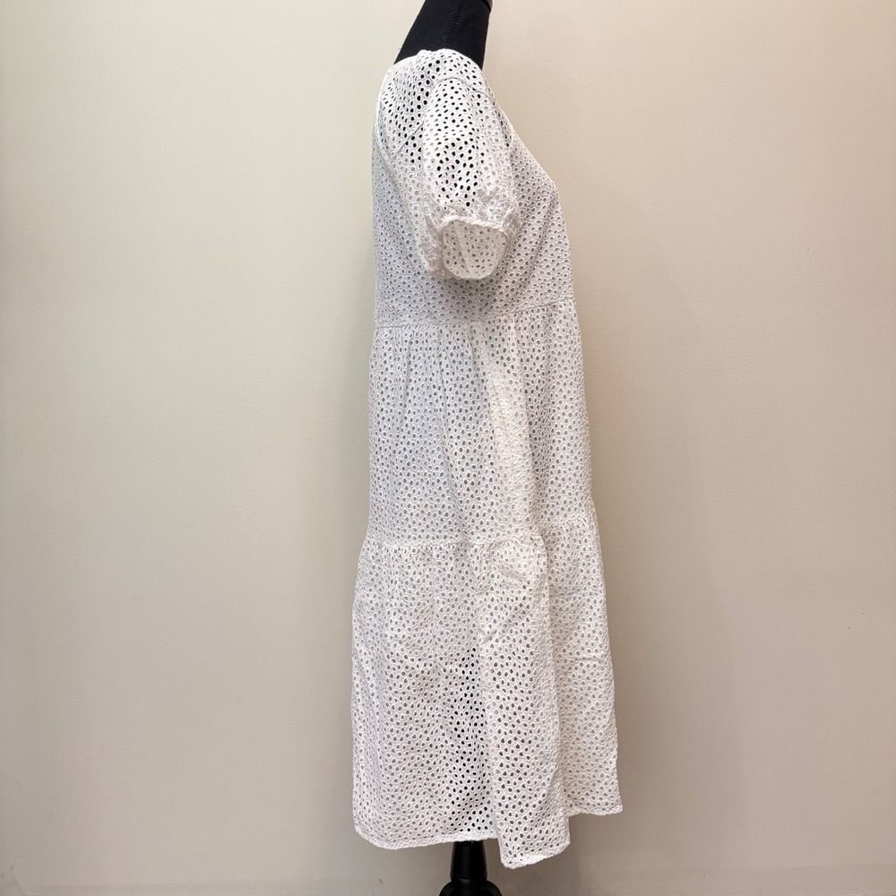 Everlane White Eyelet Tiered Midi Dress Puff Sleeve Cotton Womens XS Puff Sleeve - Picture 2 of 8